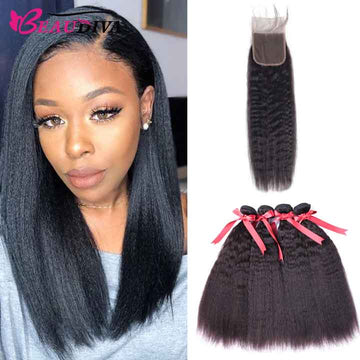 Beaudiva 10A Kinky Straight Bundles Human Hair Bundles With Lace Closure Human Hair Weaves